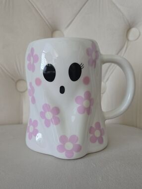 T.J.Maxx White Ceramic Ghost Mug with Pink Flowers, NWOT